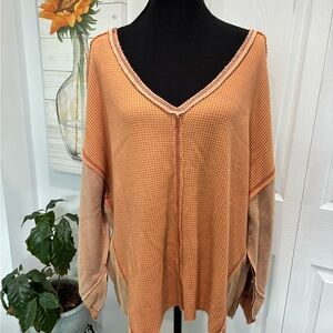 POL Orange V-Neck Waffle Knit Sweater with Airy Knit